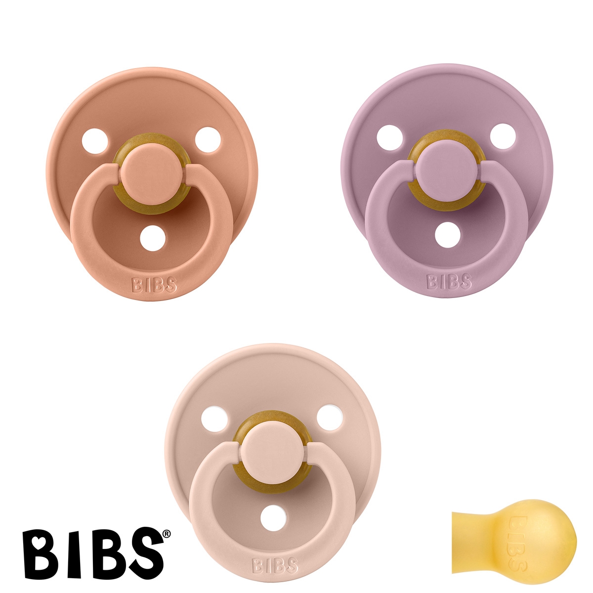 BIBS Colour Schnuller mit Namen, Gr. 2, Heahter, Peach, Blush, Rund Latex, (3er Pack)