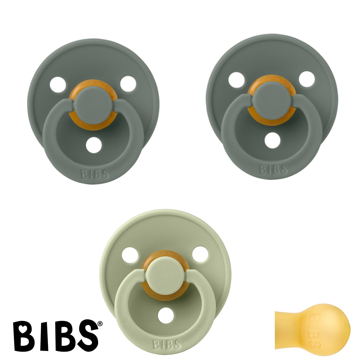 BIBS Colour Schnuller mit Namen, Gr. 2, 2 Pine, 1 Sage, Rund Latex, (3er Pack)