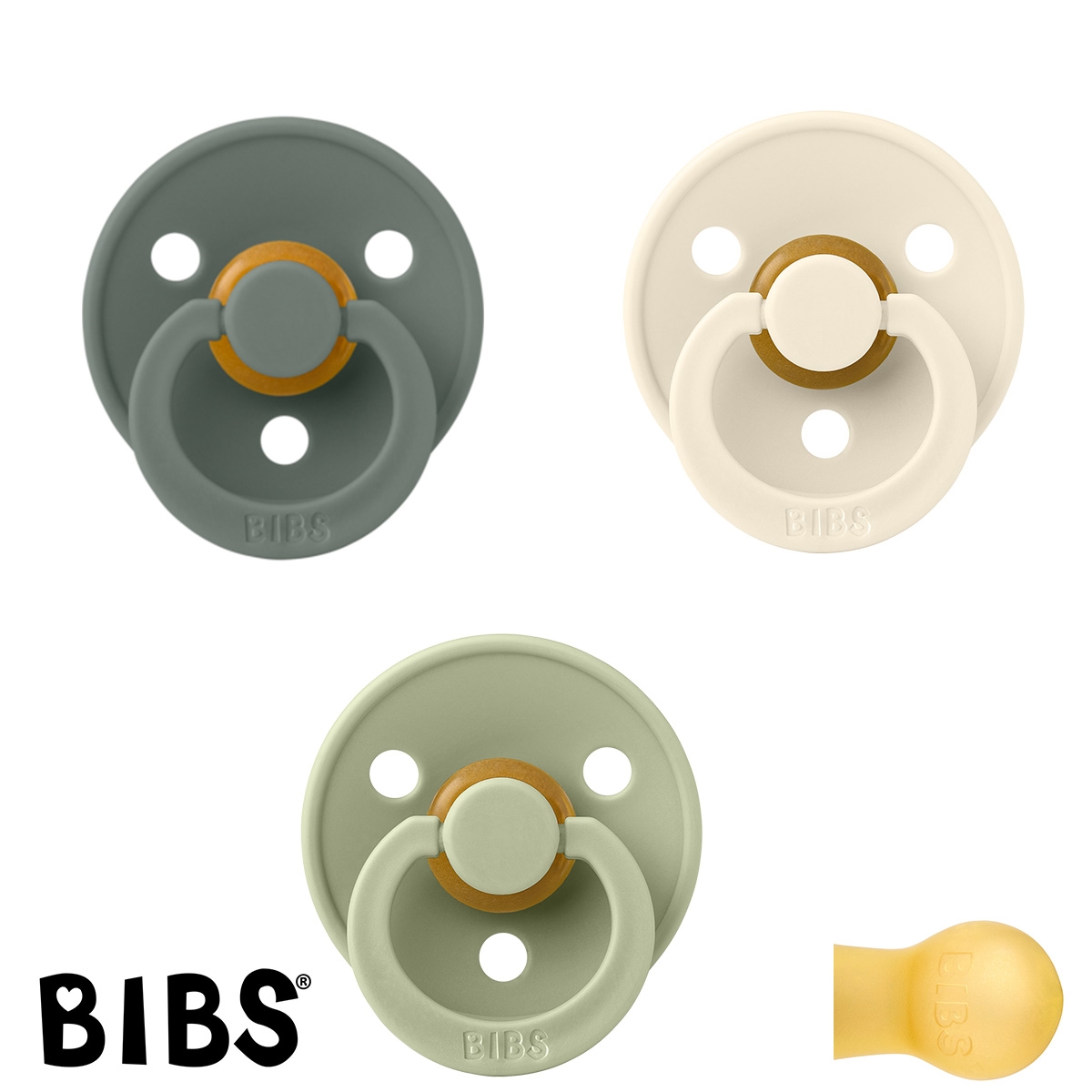 BIBS Colour Schnuller mit Namen, Gr. 2, 1 Pine, 1 Sage, 1 Ivory, Rund Latex,  (3er Pack)