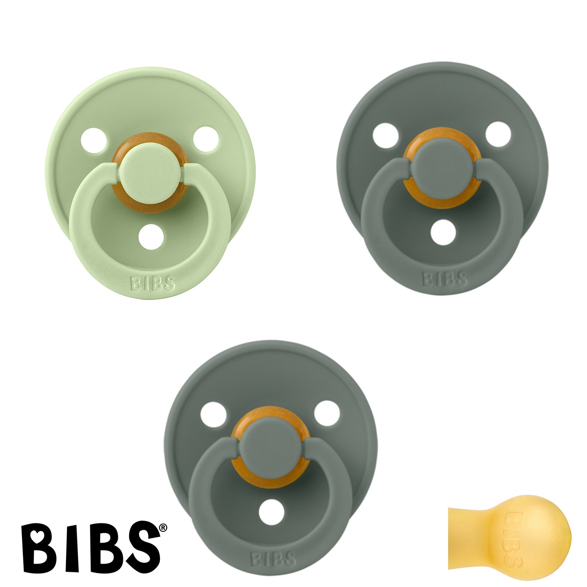 BIBS Colour Schnuller mit Namen, Gr. 2, 2 Pine, 1 Pistachio, Rund Latex, 3\'er Pack