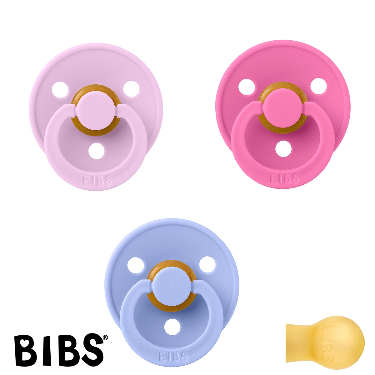 BIBS Colour Schnuller mit Namen, Gr. 2, 1 Violet Sky, 1 Bubblegum, 1 Hush, Rund Latex, (3er Pack)