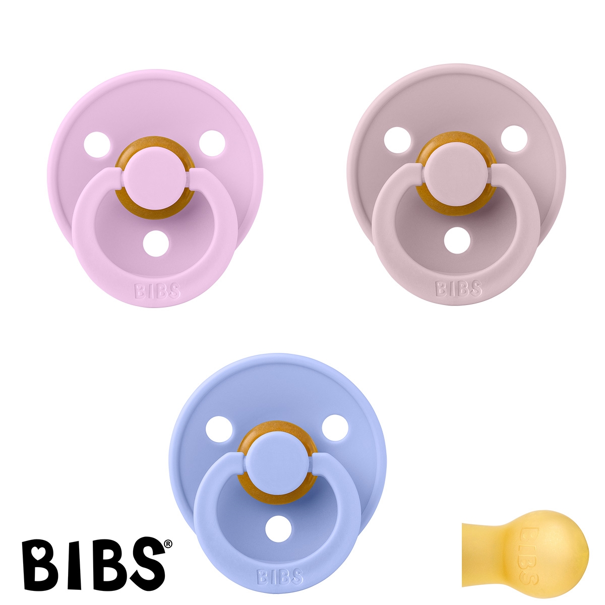 BIBS Colour Schnuller mit Namen, Gr. 2, Violet Sky, Dusky Lilac, Hush, Rund Latex, (3er Pack)