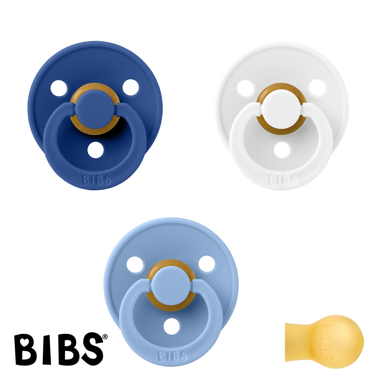 BIBS Colour Schnuller mit Namen, Gr. 1, White, Cornflower, Sky Blue, Rund Latex, (3er Pack)