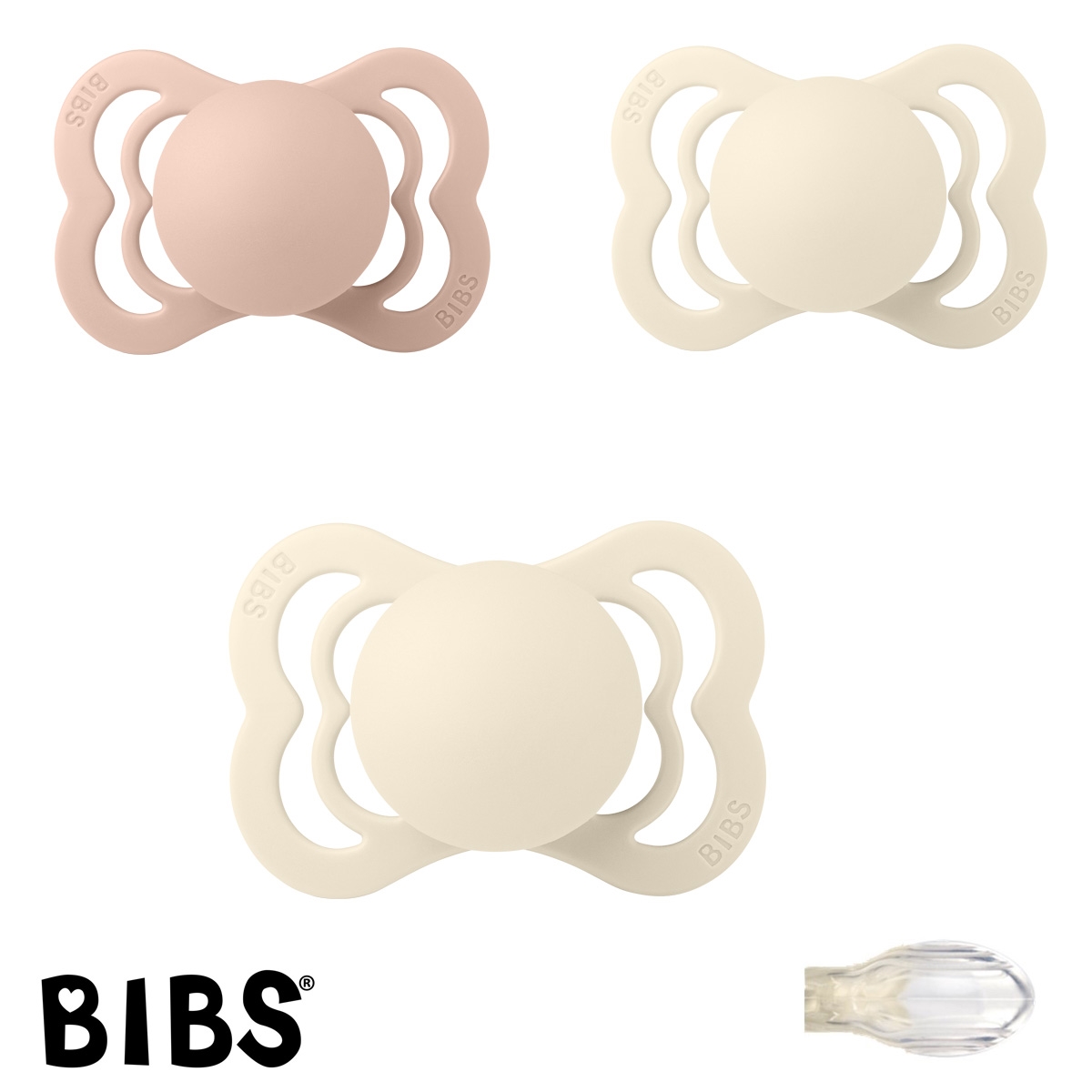 Bibs Supreme Schnuller mit Namen, Symmetrisch, Silikon, Gr.1, 2 Ivory, 1 Blush, 3\'er Pack